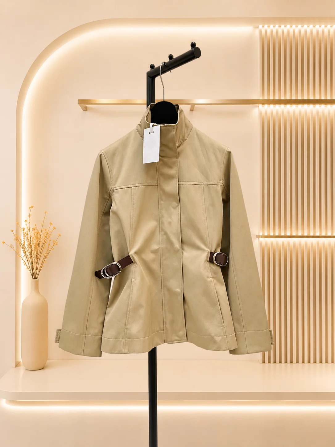 2026 Women Trench Coat H Silhouette Stand Collar Mid Length Side Buckle Waist Strap Washed Cotton Twill
