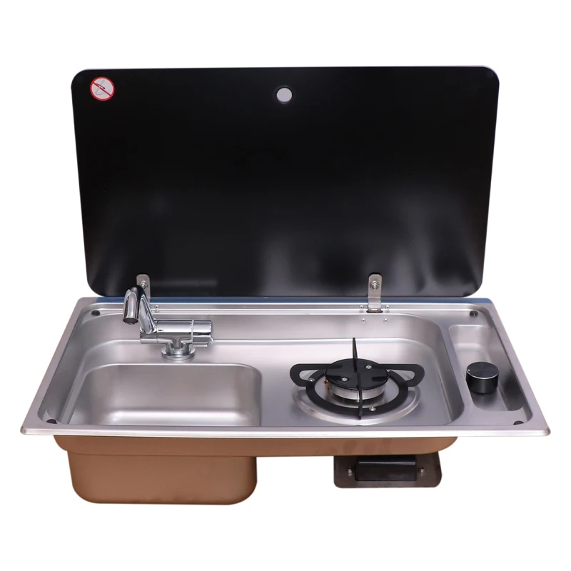 Universal RV Camping Sink Gas Stove, Portable Stainless Steel Cooker with Dust Cover for Boats, RV, Outdoor Kitchens, Travel