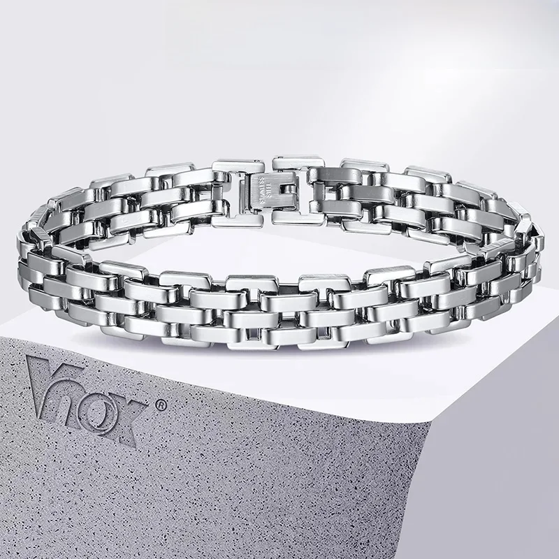 Vnox 11mm bransoletka z łańcuszkiem w kształcie paska dla mężczyzn nastolatki chłopcy, bransoletki z łańcuszkiem z paskiem, opaska ze stali nierdzewnej w kolorze czarnym srebrnym — zdjęcie 2