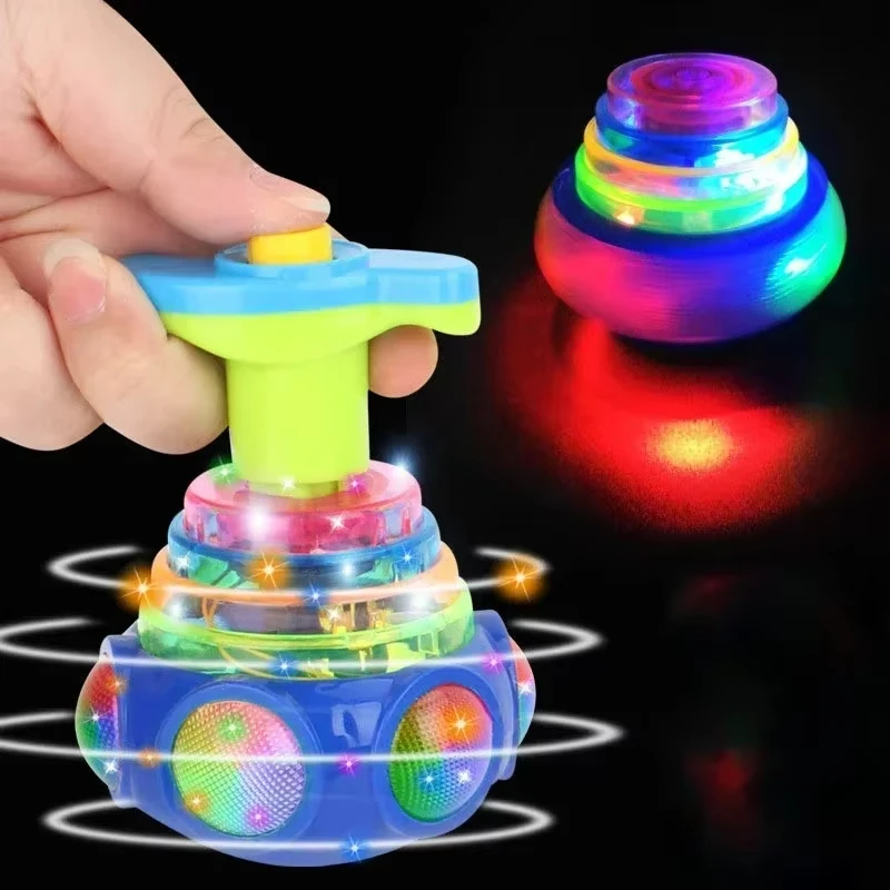 UFO Flashing Spinning Top Kids Gyro Light Up Toy Kids Piggy LED Music Gyroscope Launcher Rotating Toys Fun Birthday Party Favors