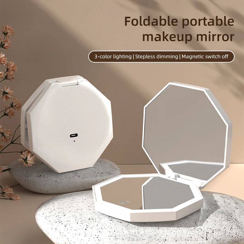 

LED makeup mirror folding mirror portable pocket mirror vanity mirror beauty mirror three-color light USB charging