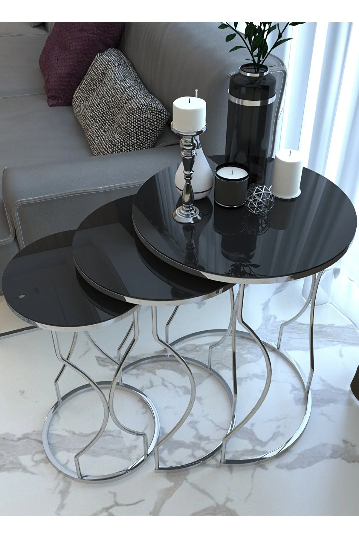 Gold Metal Nesting Table Unbreakable Interlocking Glass 3 Piece Scandinavian Side Table Tea Coffee Service Table Round Living