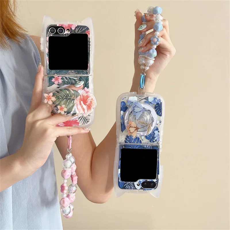 Funda de teléfono magnética con flores para Samsung Galaxy Z Flip6 5 zflip3 4 flip5 5G, soporte de pantalla plegable con cadena de dibujos animados