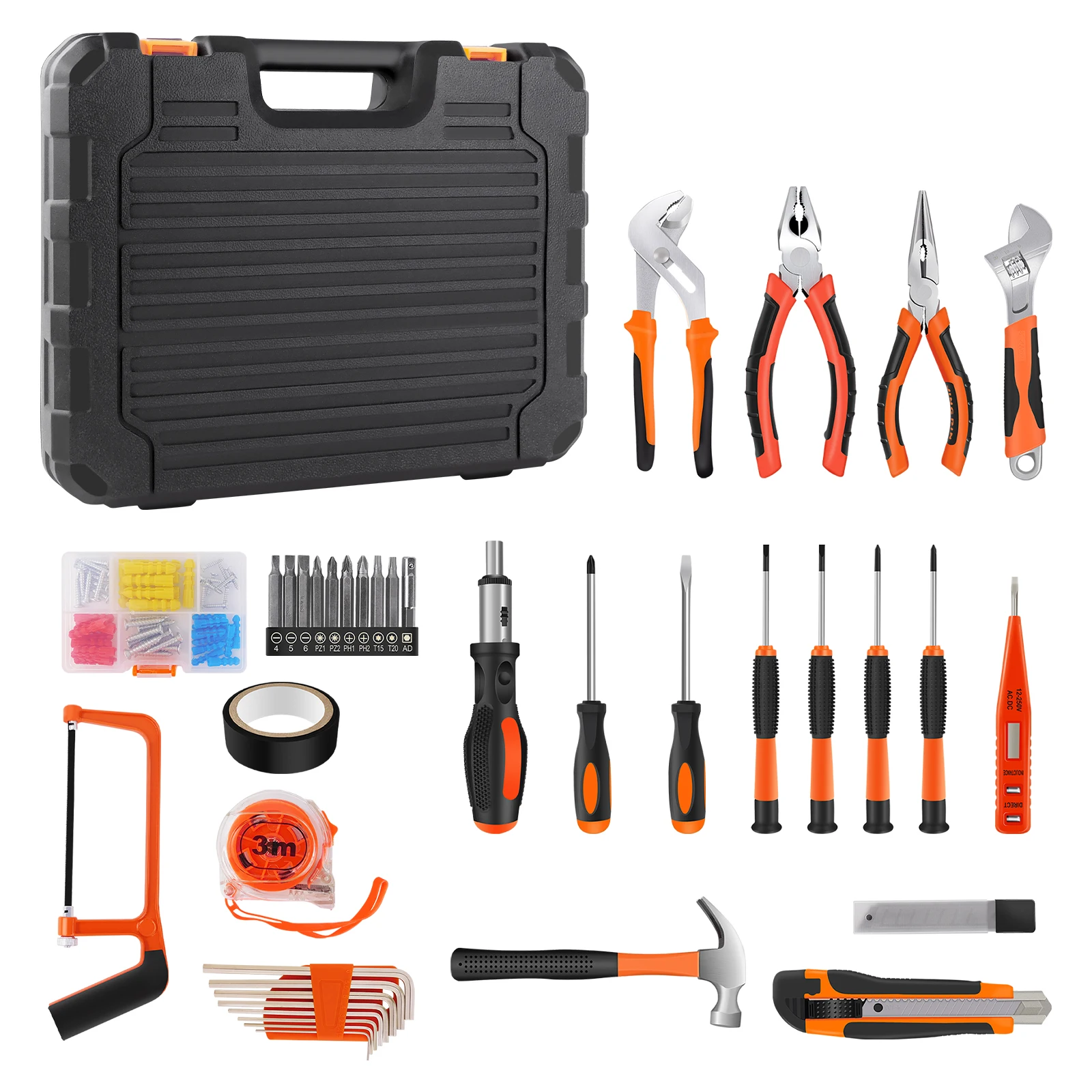 102-teiliges Werkzeugset, Professionelles Haushaltswerkzeugset mit Schraubendreher-Set, Schraubenschlüsseln, Hammer, Zangen – Aufbewahrungskoffer, für Heimwerker & Garage