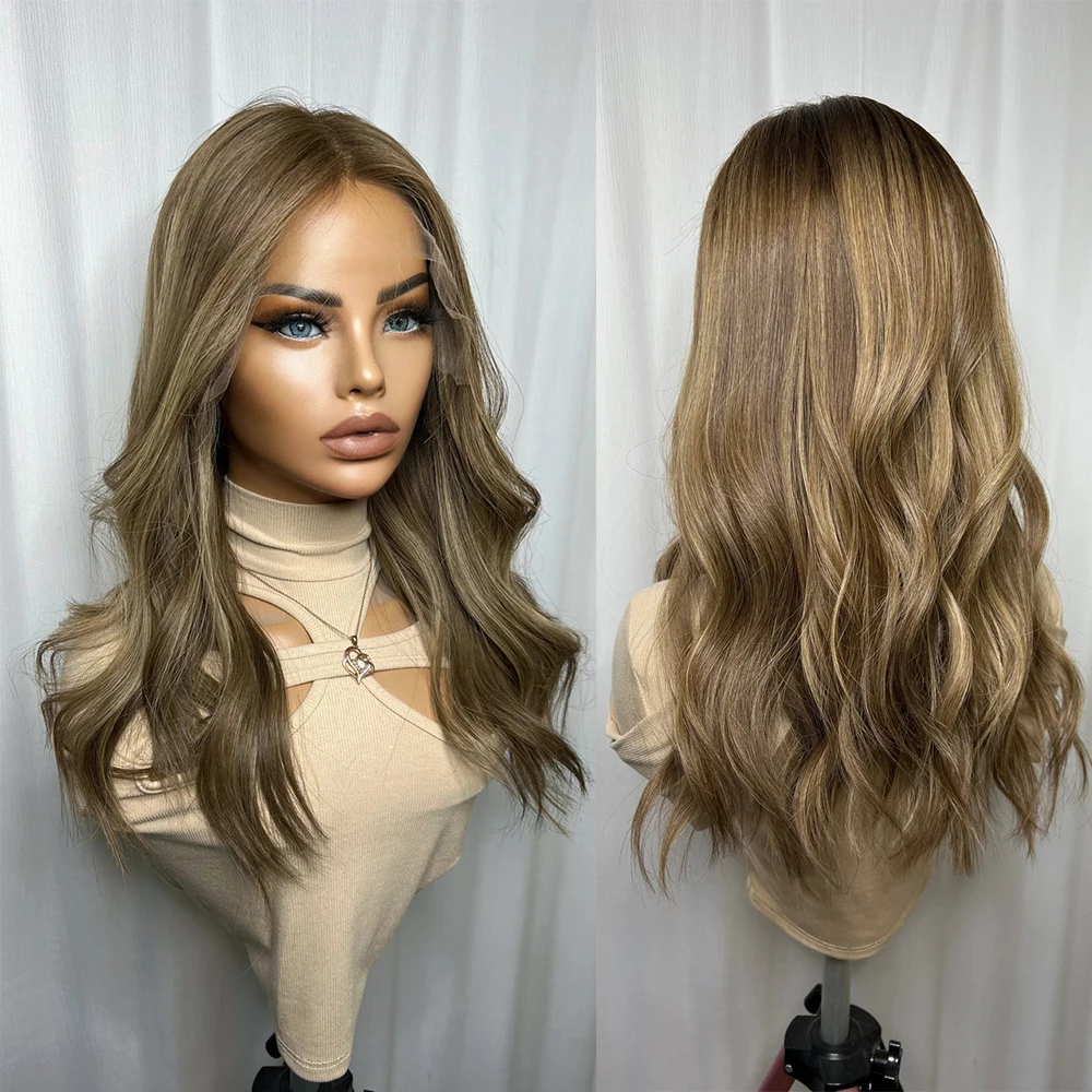 

Blonde Balayage Highlights Wig Dark Brown Root Ombre Wig 100% Virgin Human Hair HD Invisible Multi-Parting 13x6” Lace Front Wig