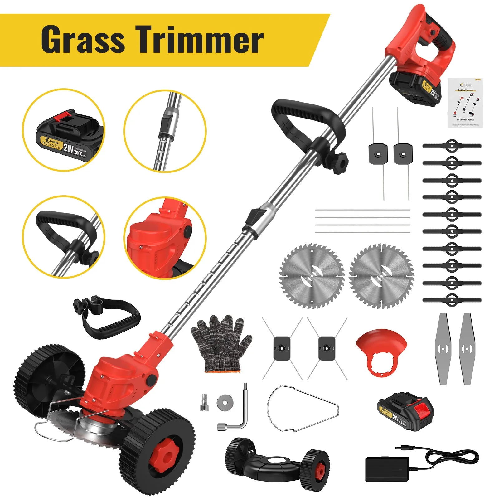 Conentool 21V draadloze grastrimmer bosmaaier 650W elektrische onkruidtrimmer met 5 snijbladen, voor Makita batterij-interface, telescopische steel, steunwiel voor het trimmen van gazonranden in de