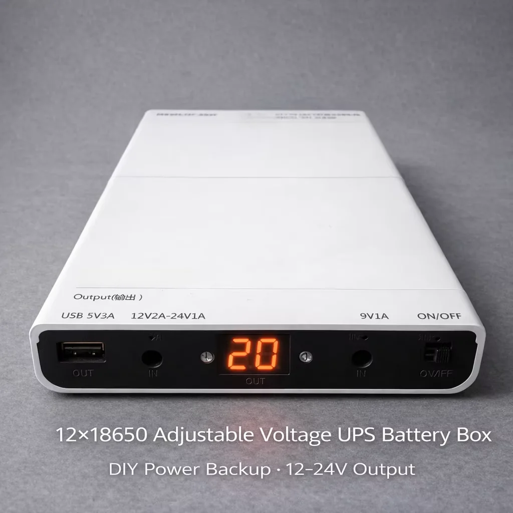 12-Cell 18650 UPS Battery Box, Adjustable 9–24V DC Backup Power for Router Modem Camera, Not a Power Bank No Batteries Included