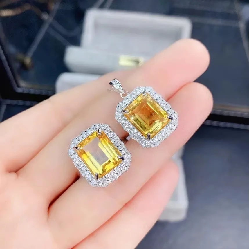 KJJEAXCMY Fine Jewelry 925 Sterling Silver Inlaid Natural citrine women exquisite vintage square gem Ring Pendant suit support