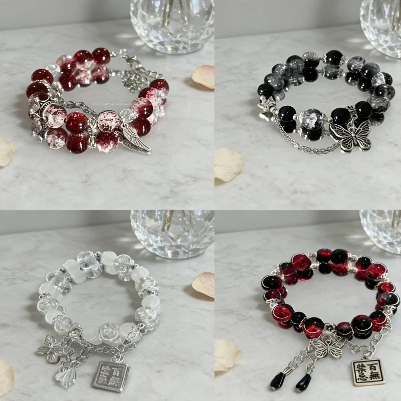 4Pcs Gothic Bead Jewelry Women's Bracelet Set Retro Butterfly Leaf Square Label Multi Color Bead Stackable Bracelet Jewelry