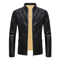 Chaqueta de piel sintética para hombre, abrigo de ante cálido con cuello levantado, informal, sólido, para motocicleta, invierno, 2023