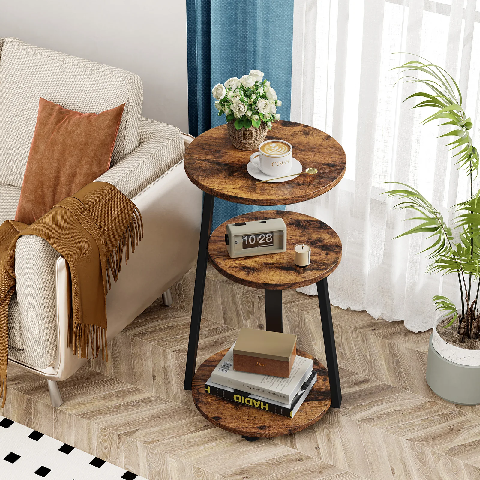 Round 3-Tier Wooden Side Table, Vintage Brown, Sturdy Metal Frame & Ample Storage, Perfect for Living Room, Bedroom, Small Space