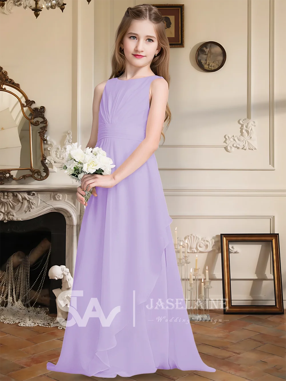 B アイボリー A ライン マキシレングス シフォン ジュニア ブライズメイド ドレス カスケード フリル付き ガールズ フォーマル パーティー オケージョン フラワー ガール ドレス