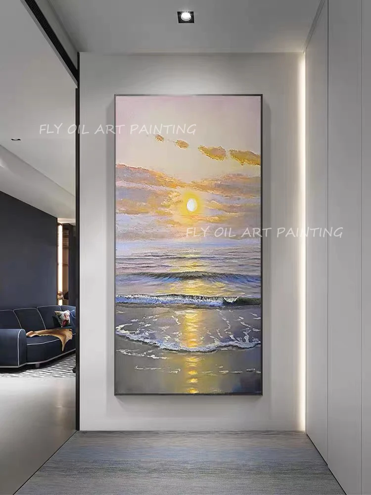 

Abstract 100% Hand Painted sunset ocean sea grey canvas large size Oil Painting on Canvas Wall Art as a gift unframe