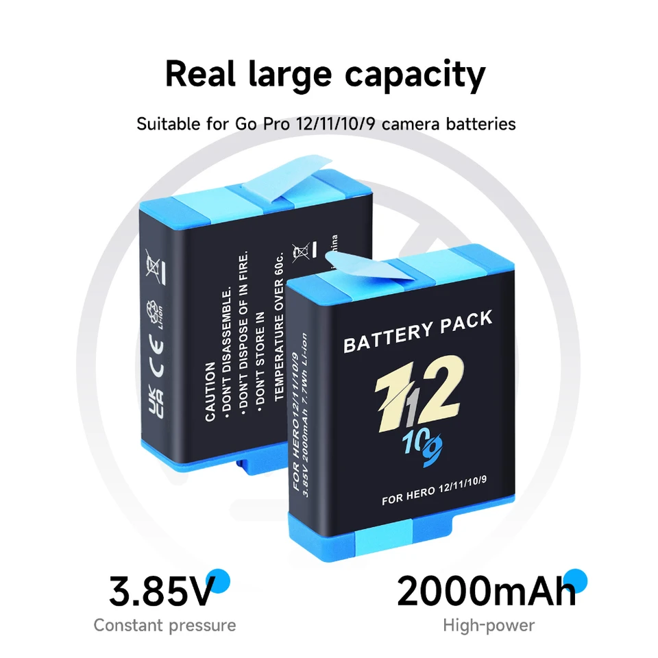 Batteria Ricaricabile Per GoPro Hero 12/11/10/9 E Caricatore Triplo Con Custodia | 1750 MAh, Ricarica USB E Protezioni Di Sicurezza