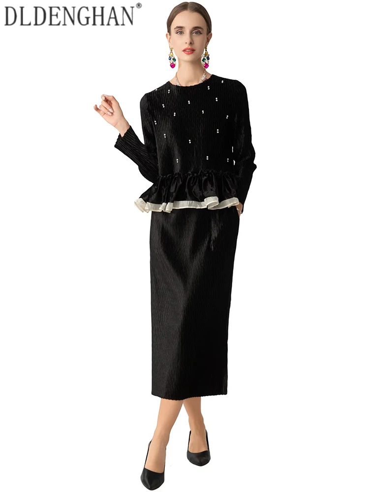 DLDENGHAN Women O-Neck Long-sleeved Elastic Waist pearl Diamonds Decorate Spring Autumnal New model High Street 2-Piece