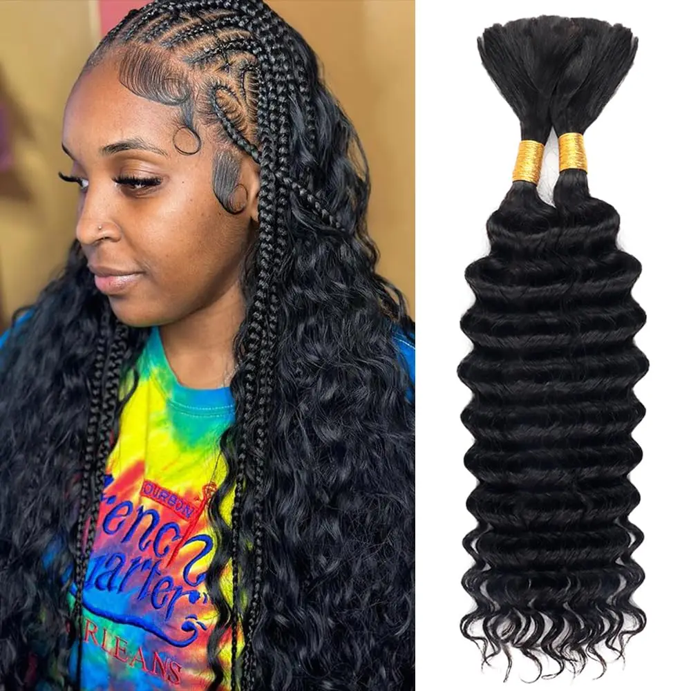 

12A Deep Wave Virgin Human Hair Extensions Bulk Curly Braiding Hair for Women 100% Natural Black Hair Extensions 1/2/3 Bundles