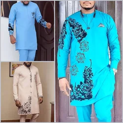 Fato africano Abaya Dashiki masculino, conjunto completo de vestidos, roupas luxuosas, roupas elegantes, o pescoço, nova marca, conjunto 2 peças