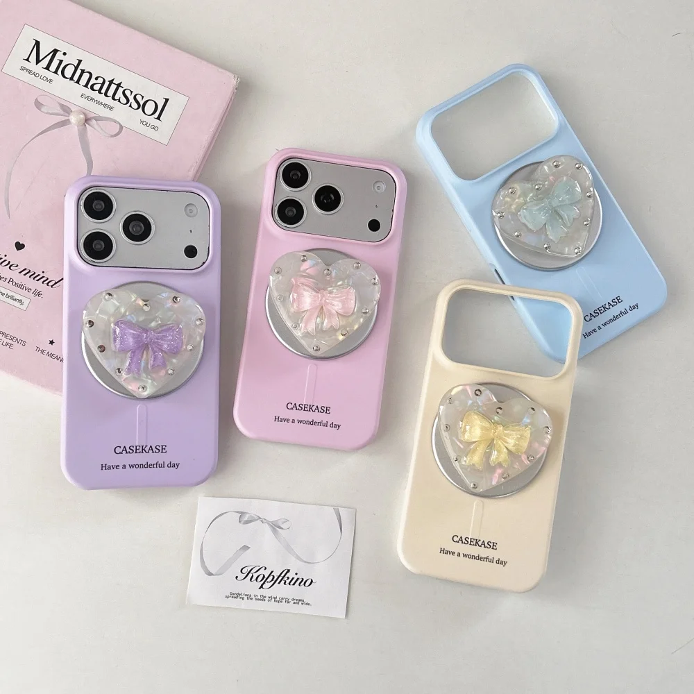 

Fashion solid color shell bow with for magsafe holder phone case for iPhone 17 16 ProMax 16 15Pro Korean INS new protective case