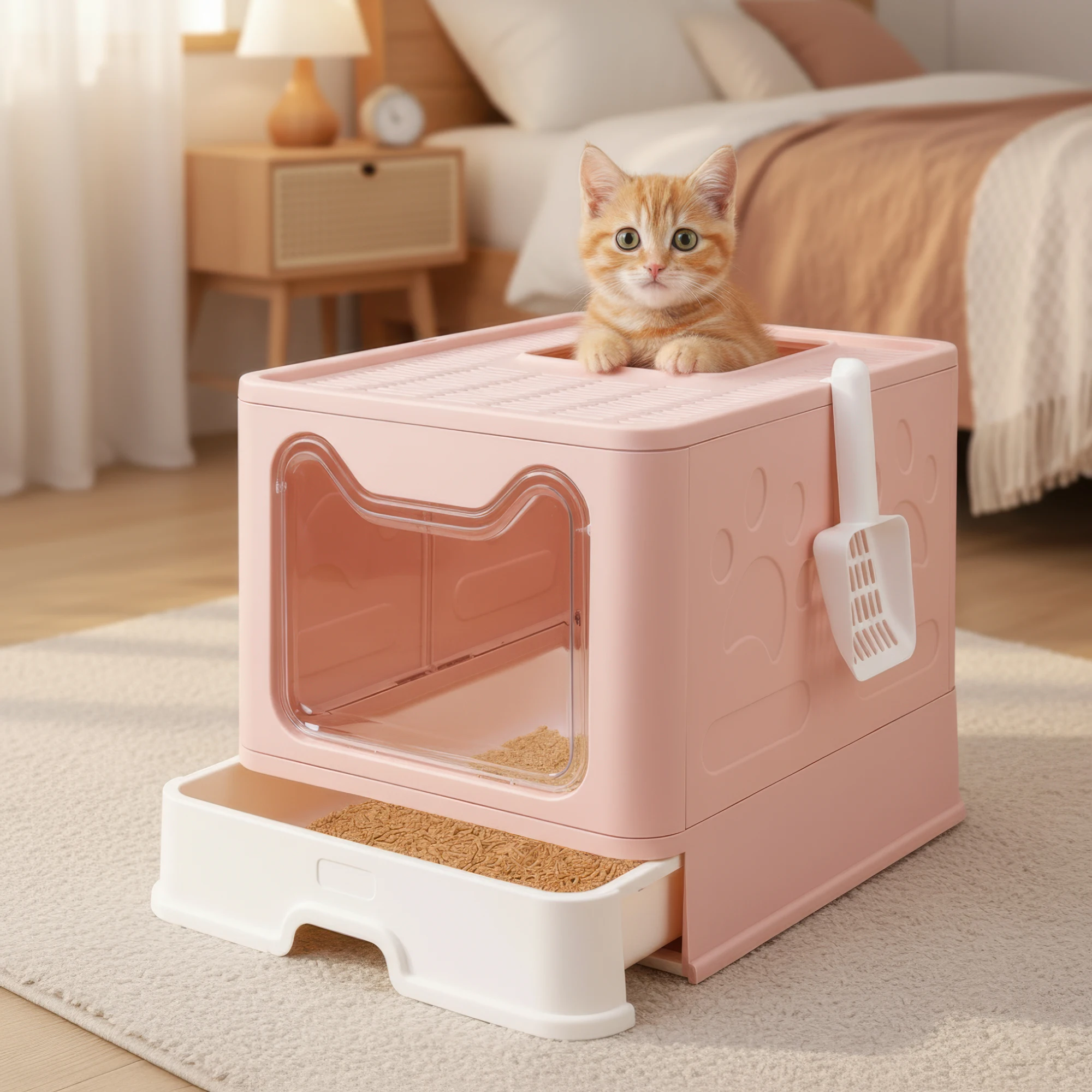 

Cat Litter Box with Litter Mat and Scoop, Large Foldable Litter Box with Lid, Front Entry Top Exit Kitty Box, Odor Control Pink