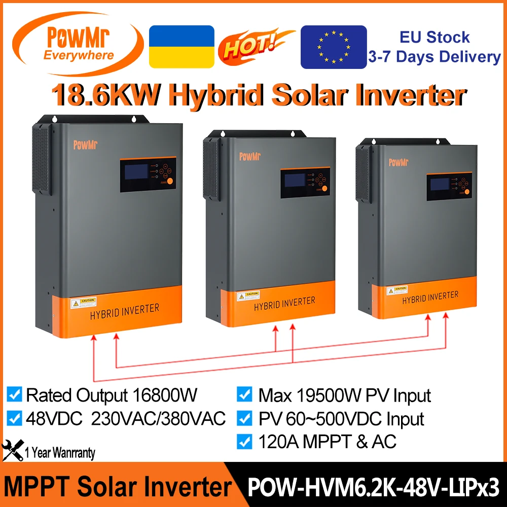 

PowMr 18.6KW Hybrid Solar Inverter 48V to 230VAC/380VAC 3-Phase Output PV 500VDC Input With 120A MPPT Solar Controller and WI-FI