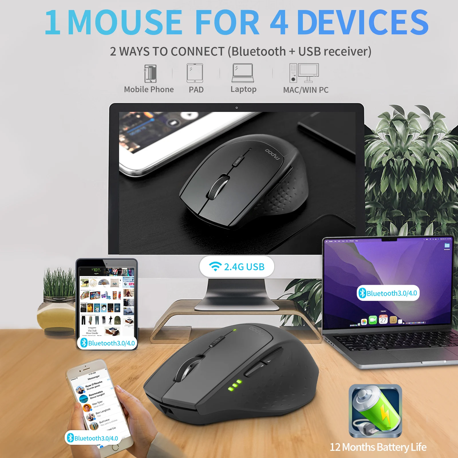 RAPOO MT550 Multi-mode Wireless Mouse Connect Up to 4 Devices 1600 DPI Ergonomic Bluetooth Mouse 12 Month Long Battery