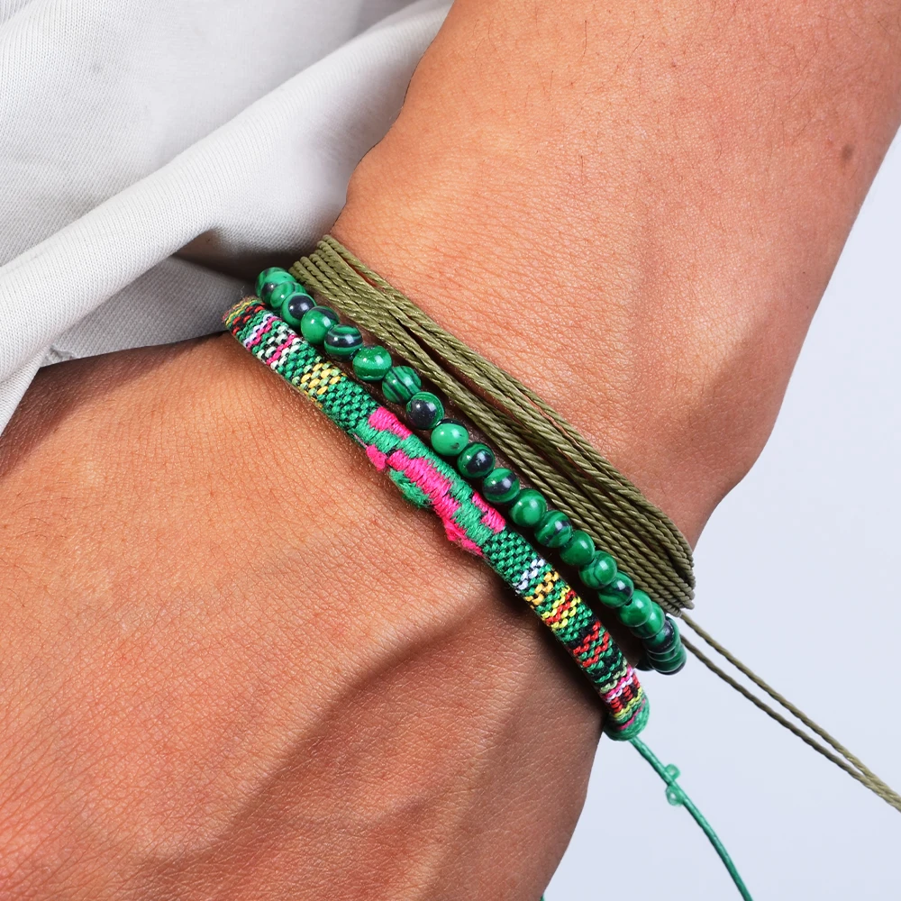 3-teiliges geflochtenes Armband-Set für Herren, Naturstein-Paar-Armband, handgewebtes Armband aus böhmischer ethnischer Baumwolle und Leinen