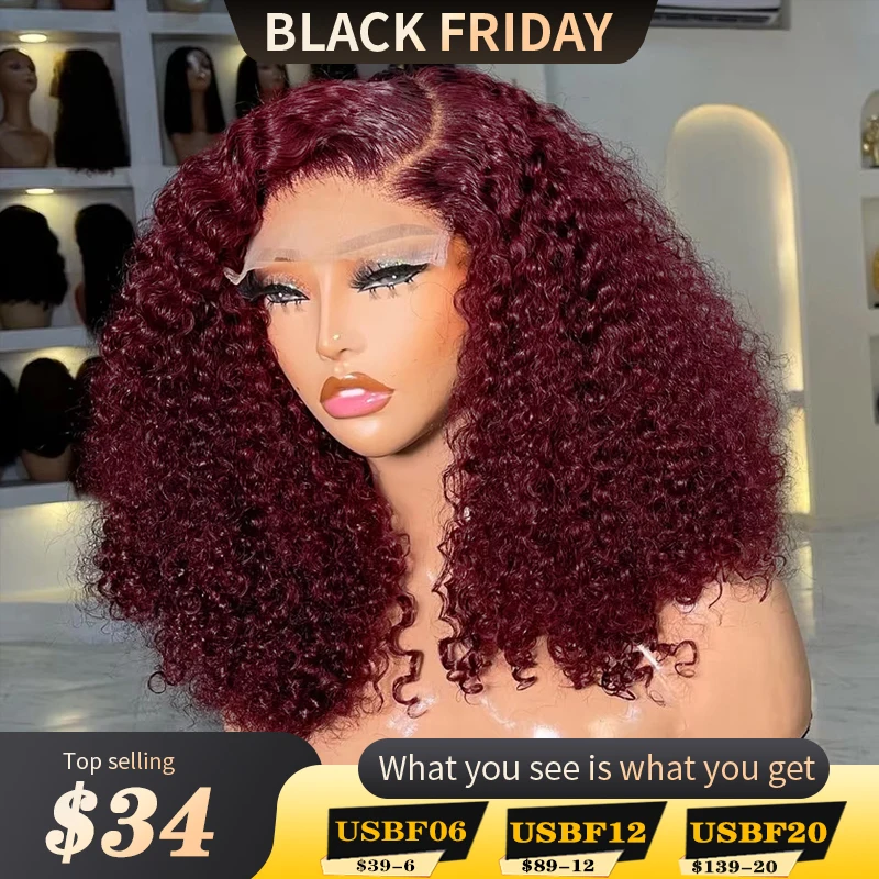 99J Burgundy Short Bob Wigs Human Hair 13x4 Lace Front Wig Deep Wave Pre plucked Transparent Lace Frontal Wig 250 Density