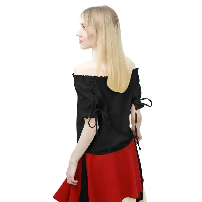 DAZCOS Ruffle Off Shoulder Blouse Lace Up Sleeve Peasant Tops Renaissance Medieval Pirate Tank Shorts 2023 Summer Short Shirt