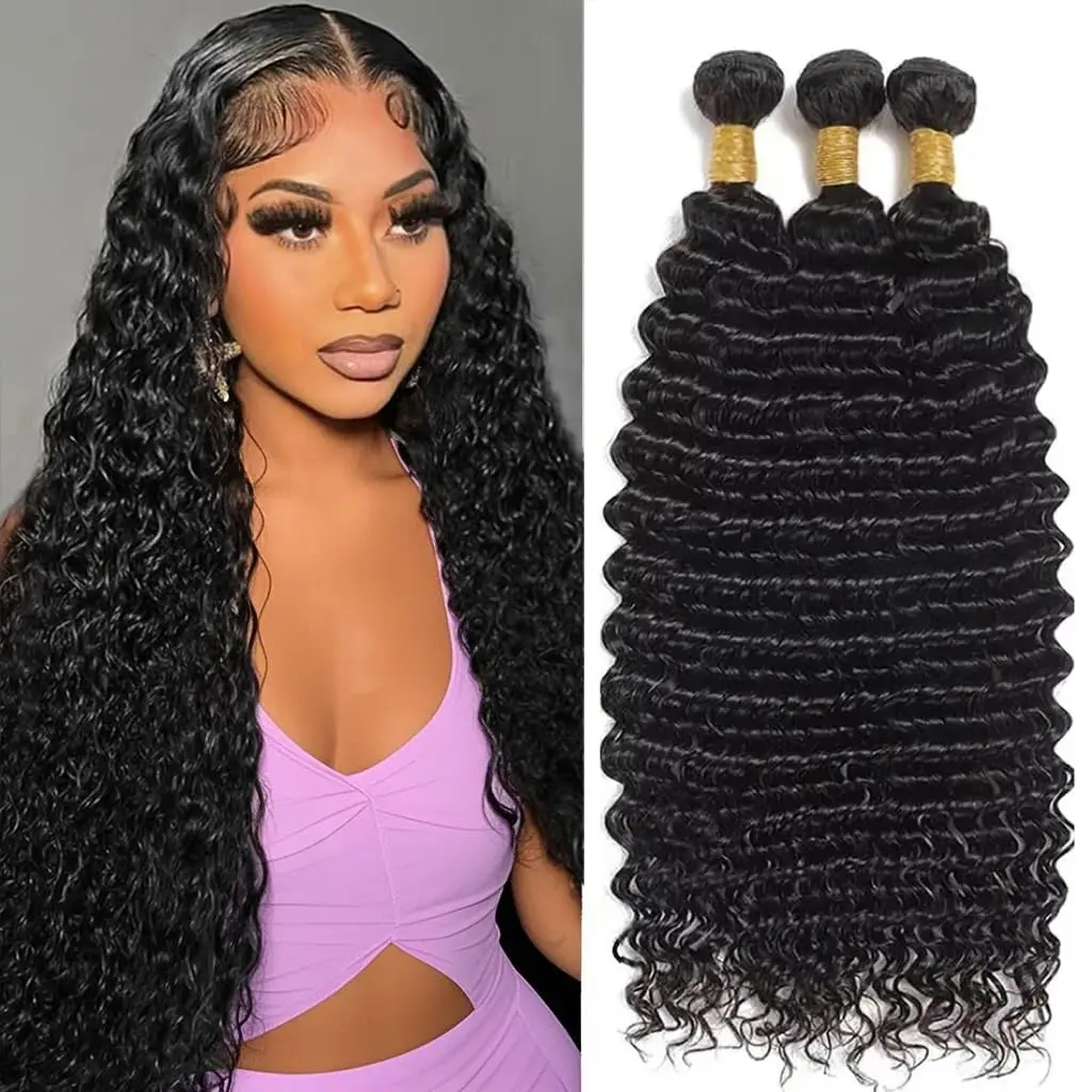 Deep Wave Human Hair 1 3 Bundles Brazilian Human Hair Wave Deep Wave Curly Hair Bundles Virgin Hair Extensions Natural Black