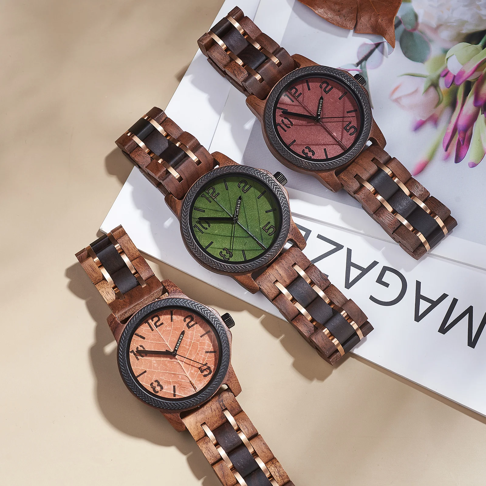 Bobo Vogel Houten Mode Horloge Mannen Originele Blad Wijzerplaat Quartz Handhorloge Heren Milieuvriendelijk Polshorloge Klok 2024 Nieuwe Aankomst