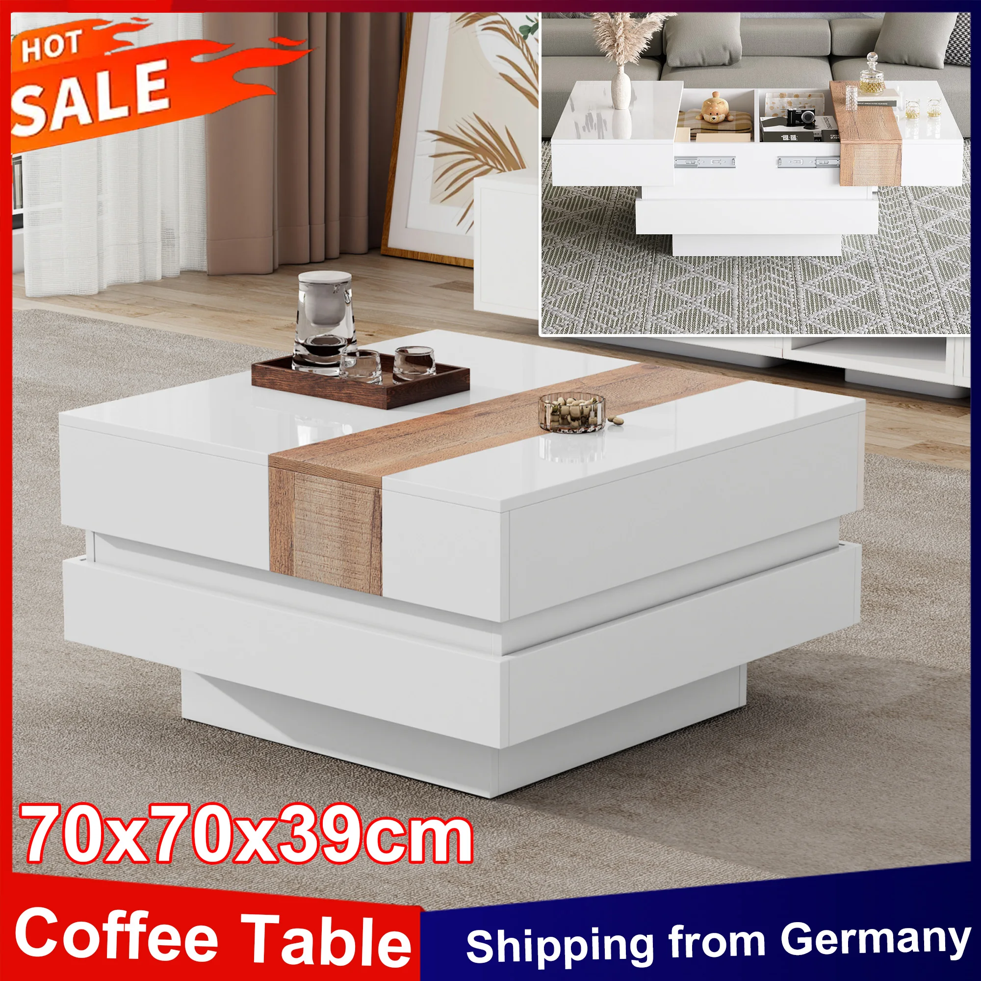 Tavolino da caffè Anajqaqia 70x70x39 cm, con piano allungabile, tavolino lucido con spazio di archiviazione e divisori nascosti, tavolino da divano