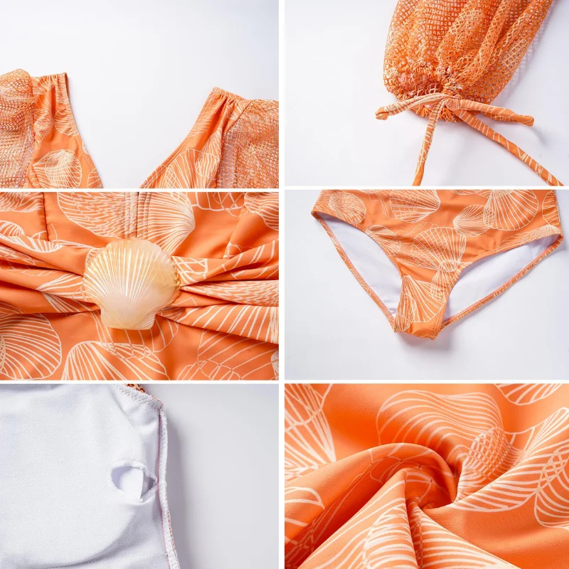 2024 New Fashion V Neck Shell Print Decoration Long Sleeve One Piece Swimsuit and Skirt Summer Swimwear Women Beachwear Bathi