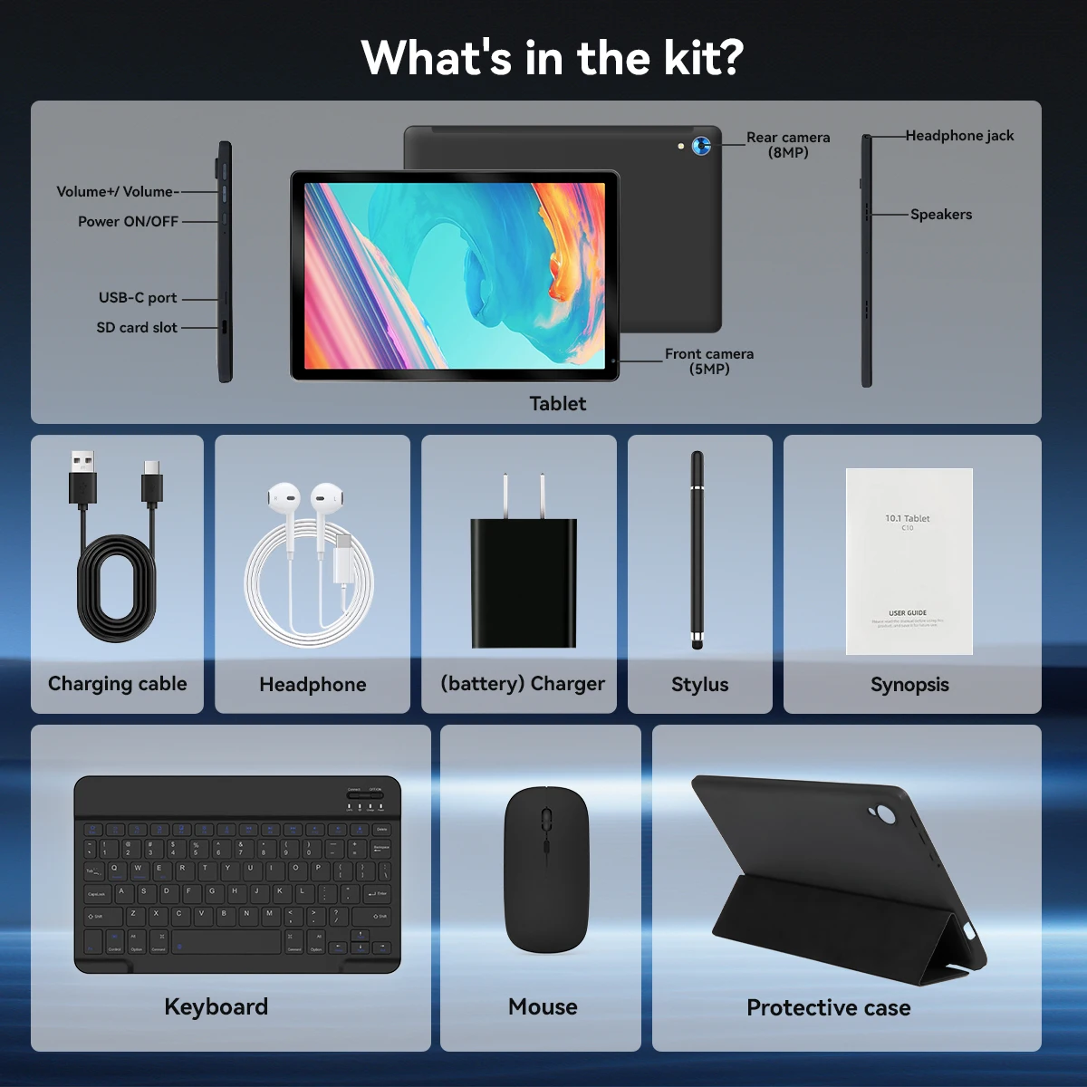 C108 10.1 Inch Tablet Octa-Core Processor 10GB+128GB Android14 Tablet With Case Headphones Wireless Keyboard Mouse Stylus Pen