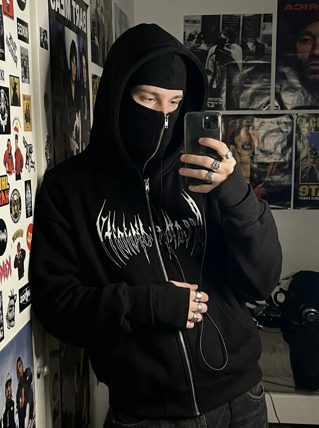 Casual Men's Black Zip Up Hoodie with Balaclava and Long Raglan Sleeves Regular Length Polyester Sweatshirt with Pocket Detail