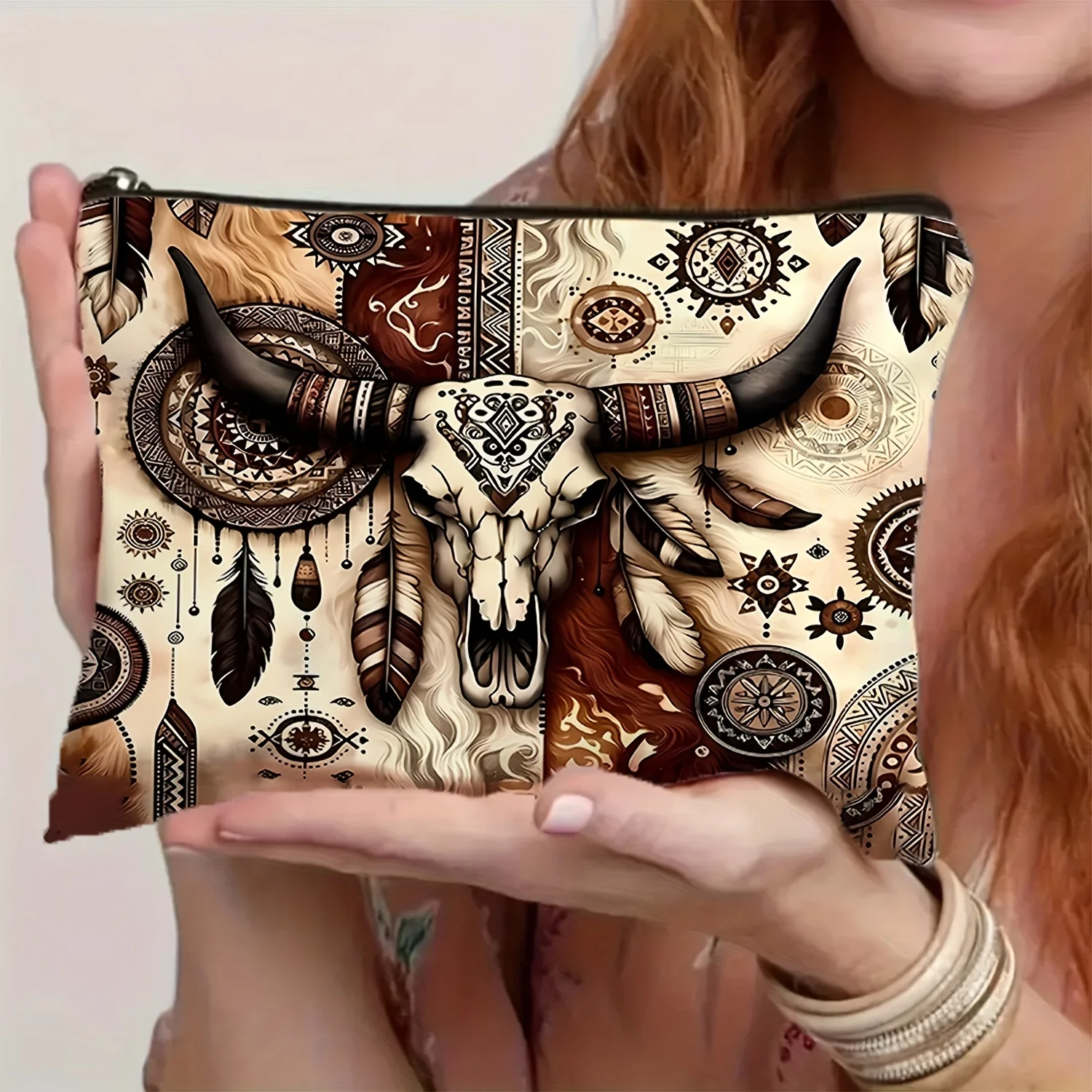 1Pc Western-Style Cow Skull Retro Design Makeup Bag, Snack Storage Bag, Stationery Storage Bag, Fashionable Toiletry Bag, Canvas Double-Sided Printing, Multifunctional Travel Storage Bag