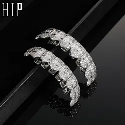 Hip Hop 1 Set Baguette Stones Iced Out CZ Teeth Grillz Caps 2 Colors Cubic Zircon Top&Bottom Charm Grills For Men Women Jewelry