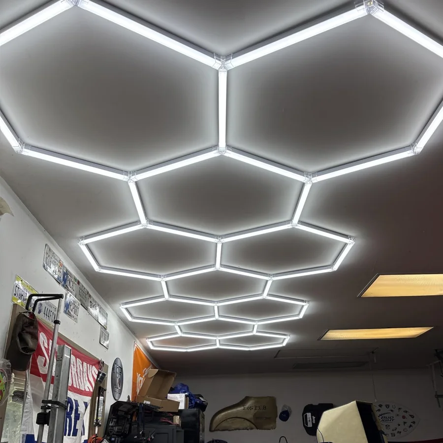 DIY Hexagonal Honeycomb LED Garage Ceiling Light, 6500K Cool White Splicable Panel Lamp for Workshop, Warehouse, Gym, Basement, Exhibition Hall