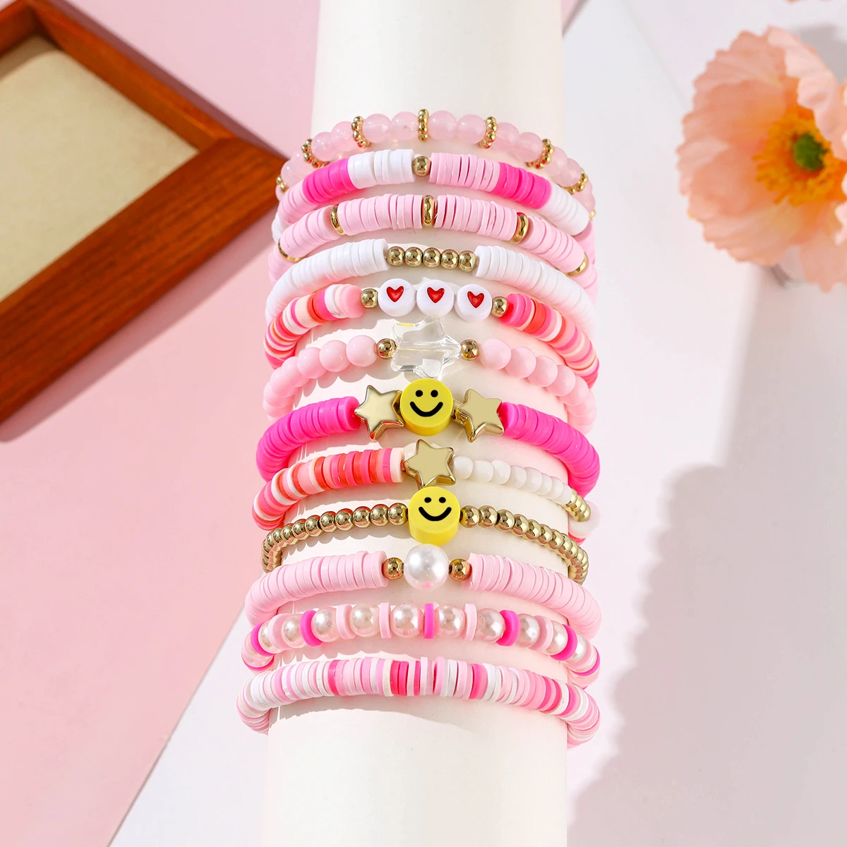 12pcs Bohemian style colorful polymer clay friendship bracelets set with heart and star decorations and mix and match beads, sui