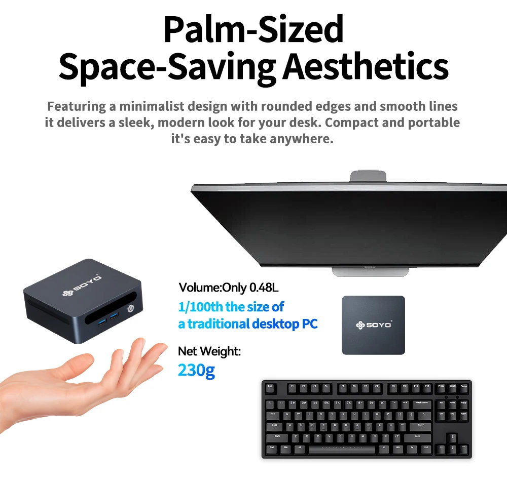 SOYO Mini PC Y5 Power Intel Core i7 8th Gen CPU 16GB DDR4 RAM 512GB M.2 SSD Mini Desktop PC Dual 4K Display WiFi5 BT4.2 Type-C