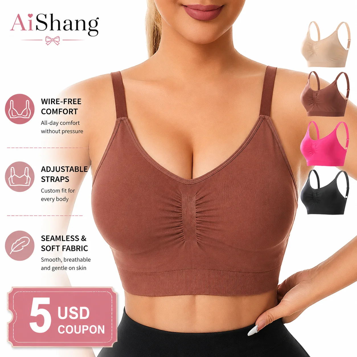 3PCS Women's Wireless Bra Seamless Comfort Bra Adjustable Shoulder Straps Removable Pads Everyday Underwear