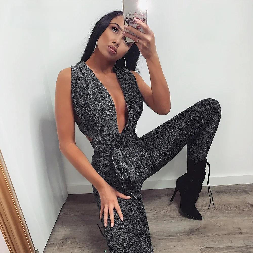Seksowny błyszczący kombinezon damski Off Shoulder Lace Up Bodycon Bandage Long Pants Glitter Backless Party Club Rompers Womens Jumpsuits — zdjęcie 2