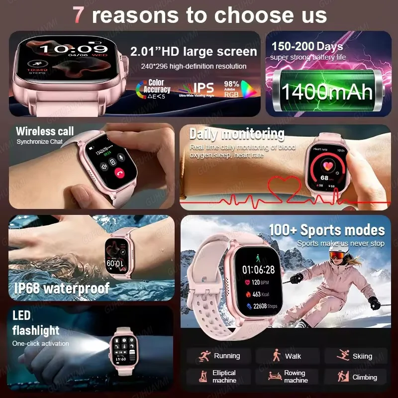 2026New 1400mAh Battery Smart Watch Ladies LED Flashlight Bluetooth Call Health Sport Watches Waterproof Bracelets Women As Gift