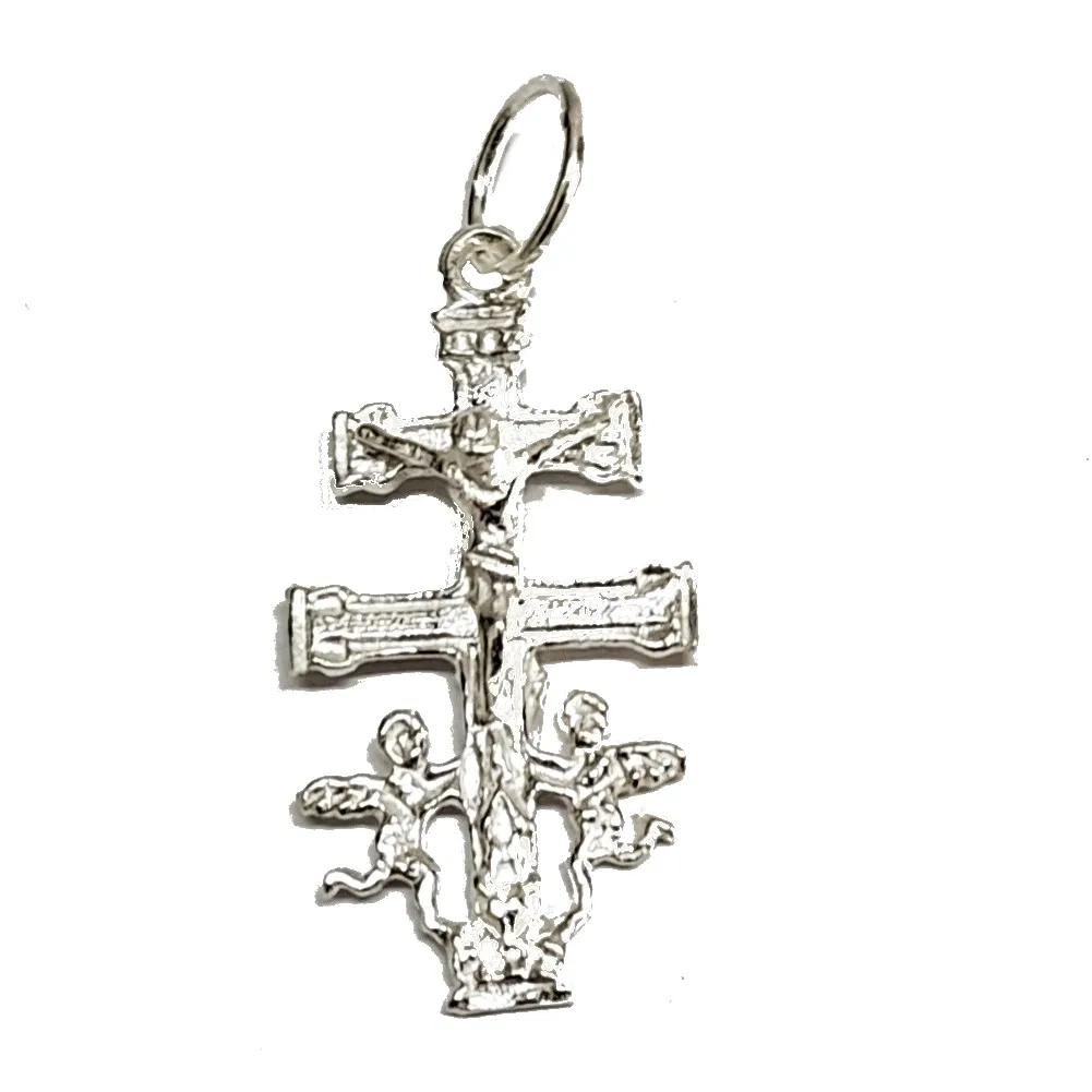 35mm Christ relief and Virgin back large CARAVACA cross pendant. Totally in silver of LEY925 Christ type Dalí. Case