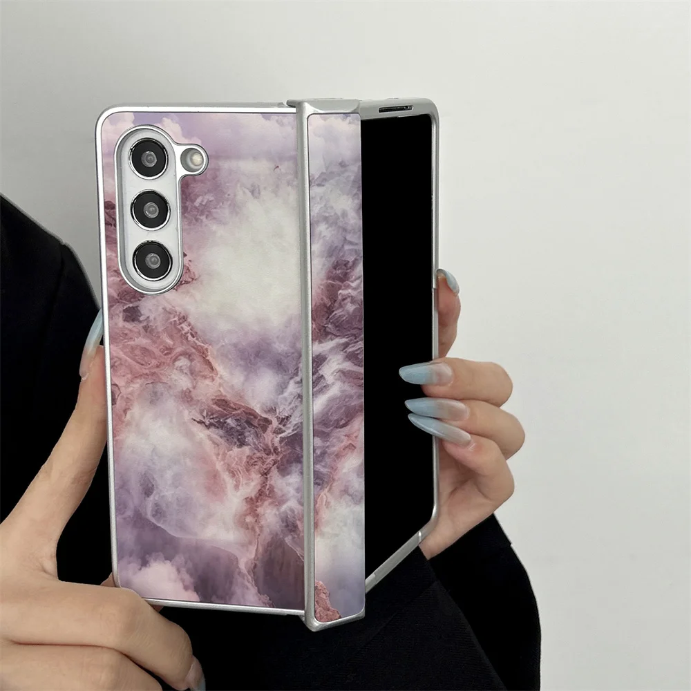 Aesthetic Purple Pink Smoky Marble PU Leather Magnetic Phone Case For Samsung Galaxy Z Fold 7/6/5/4 Foldable Luxury Minimalist H