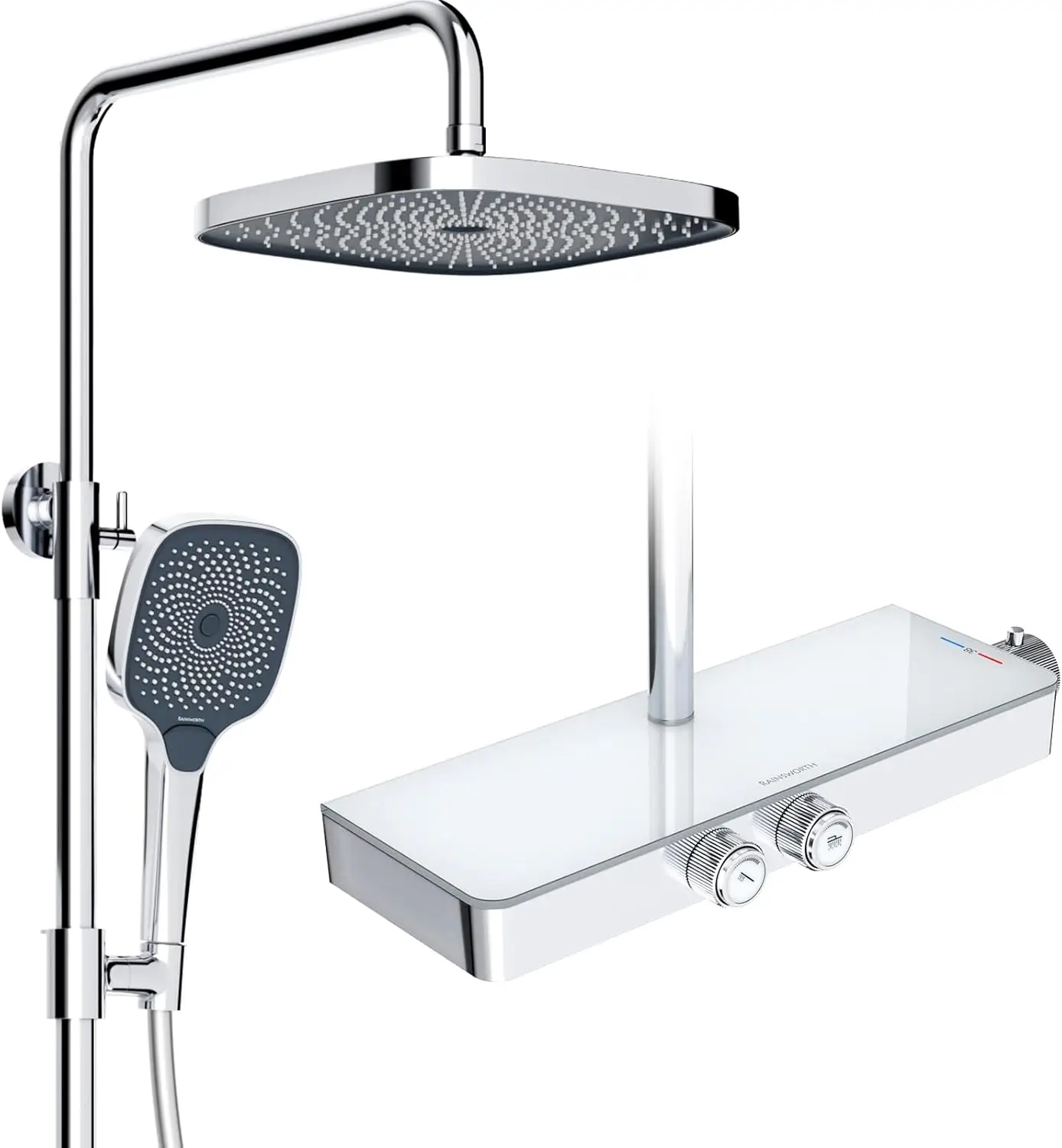 Thermostatisch douchesysteem met glazen plank - bediening met één knop & debietregeling, doucheset incl. 26x26 cm regendouche & handdouche (3 soorten) douchekraan complete set in chroom
