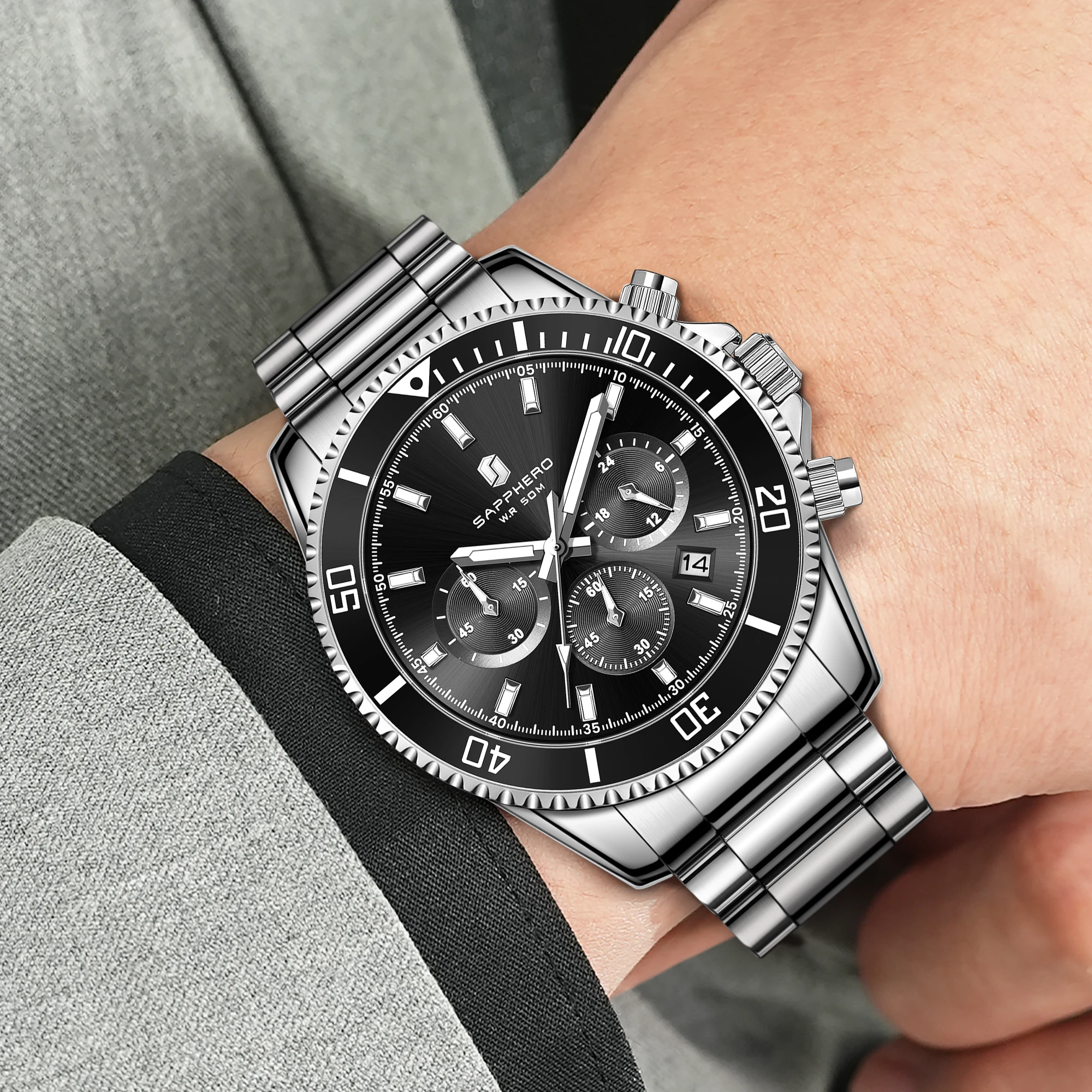 

SAPPHERO Men Quartz Chronograph Watch Luxury Stainless Steel Sport Wristwatch 50M Waterproof Date Luminous Business Dress Gift