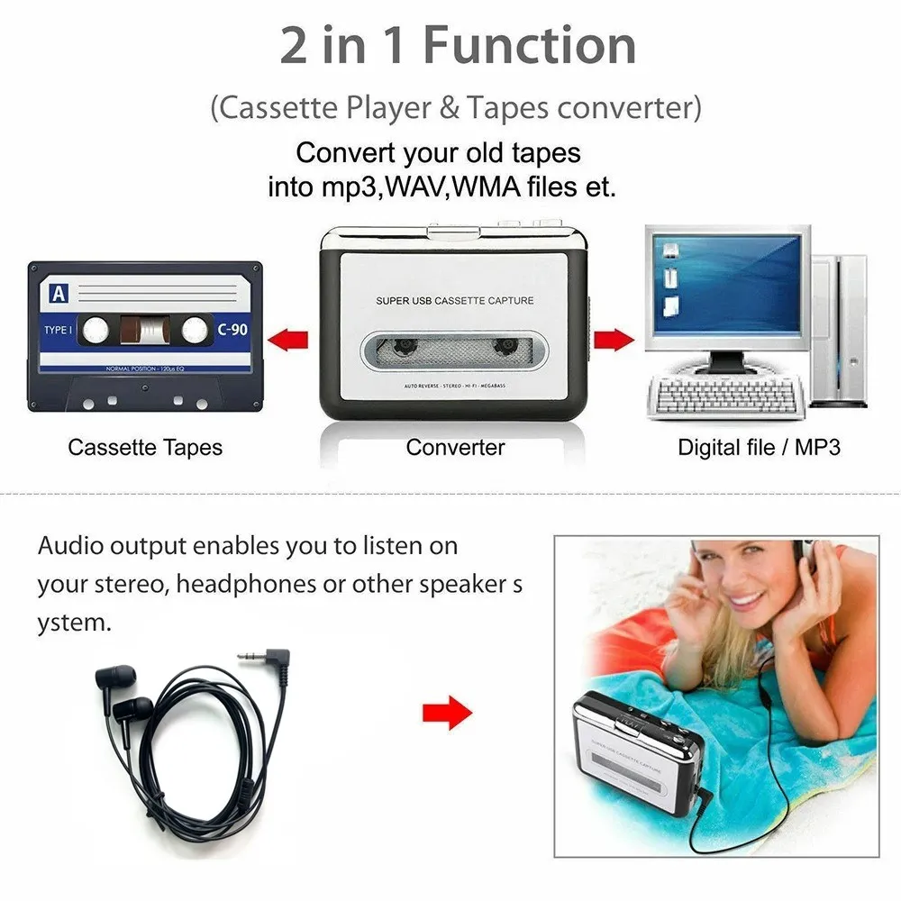 Portable USB Cassette Player to MP3 Converter Tape Audio Capture Recorder Digital Music Converter with Earphones Cable 2