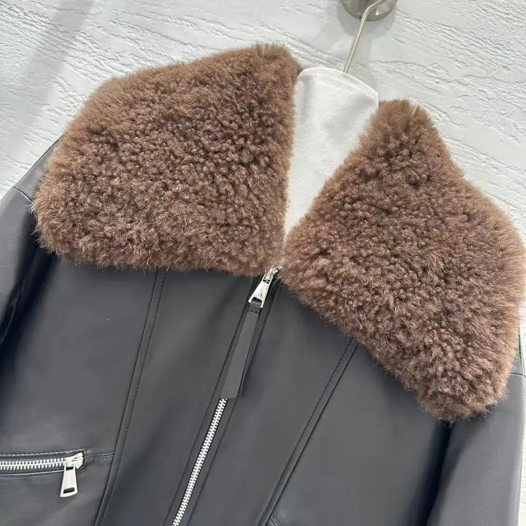 캐주얼 여성 가죽 재킷 양털 칼라