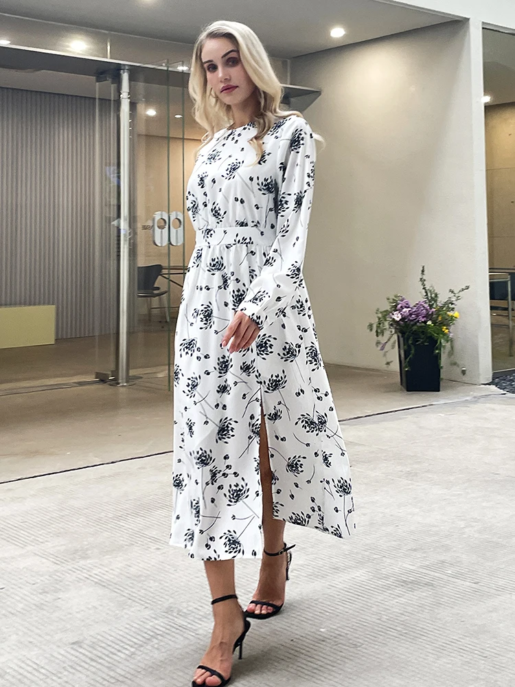 2024 Summer New Design Women Floral print Split Long Sleeved Maxi Dress