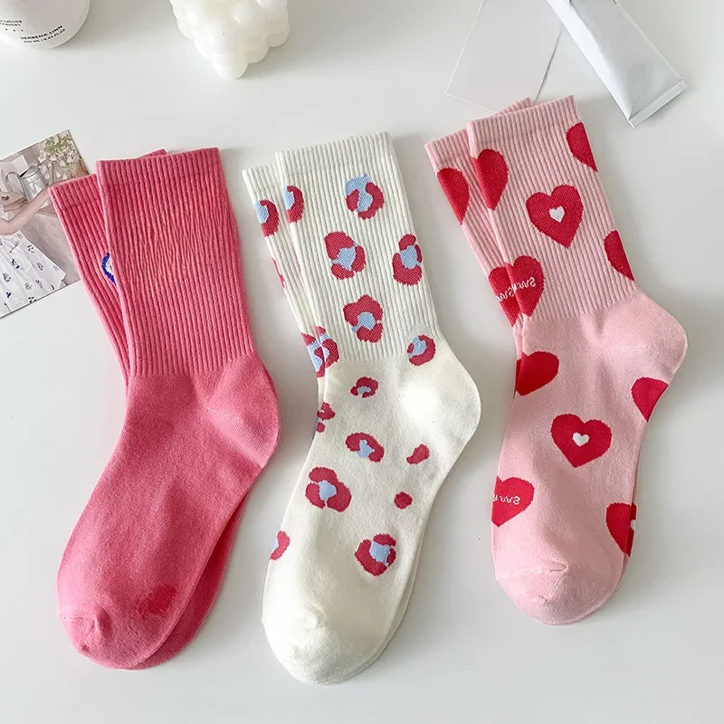 Chaussettes en coton rose Love, Kawaii, Harajuku, Designer, Mode, Ins, dehors, Mignon, Printemps, Été